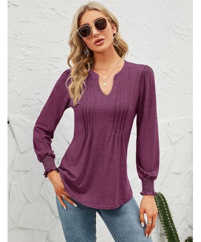 Womens V Neck Puff Short Sleeve Pleated T Shirts Fashion Summer Tops Casual Tunic Blouse Long Sleeve- Fuchsia $14.24 Tops