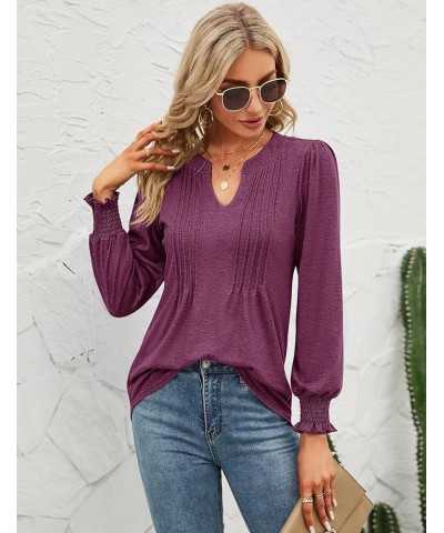 Womens V Neck Puff Short Sleeve Pleated T Shirts Fashion Summer Tops Casual Tunic Blouse Long Sleeve- Fuchsia $14.24 Tops