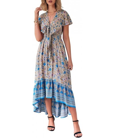 Deep V Neck Bohemian Floral Summer Dresses for Women 2023 Cutout Short Sleeve Casual Party Beach Maxi Dress Apricot Blue Flow...