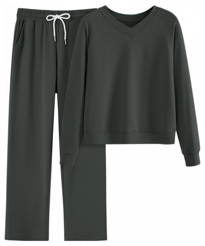 Womens Two Piece Outfits Sweatsuit Set V Neck Sweatshirt Long Pant Tracksuit Lounge Sets with Pockets 2024 Dark Grey $25.02 A...