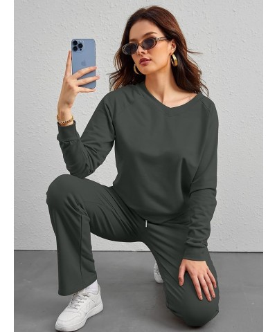 Womens Two Piece Outfits Sweatsuit Set V Neck Sweatshirt Long Pant Tracksuit Lounge Sets with Pockets 2024 Dark Grey $25.02 A...