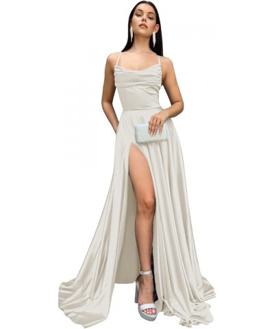 Spaghetti Straps Satin Prom Dresses Long with Pockets A Line Slit Formal Party Dress for Women WD071 Ivory $33.79 Dresses