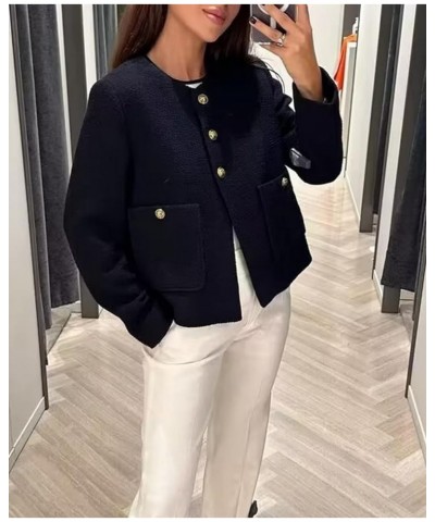 Women's Single Breasted Tweed Jacket Elegant Cropped Slim Fit Long Sleeve Collarless Work Office Tweed Blazer Black $27.83 Bl...