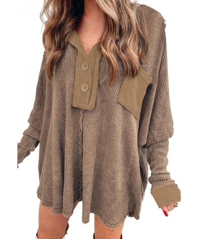 Womens Casual Long Sleeve Button Down Waffle Shacket Shirts Tops, S-XXL 5 Brown $15.75 Blouses