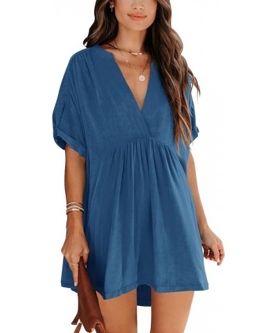 Women's Babydoll Short Sleeve Tunic Dress V Neck Cute Casual Loose Dresses Blue $17.84 Dresses