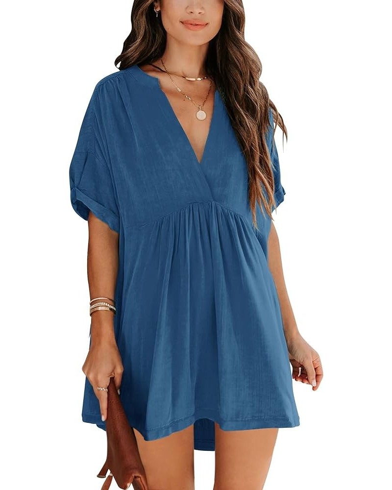 Women's Babydoll Short Sleeve Tunic Dress V Neck Cute Casual Loose Dresses Blue $17.84 Dresses