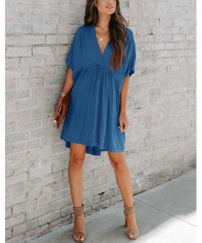 Women's Babydoll Short Sleeve Tunic Dress V Neck Cute Casual Loose Dresses Blue $17.84 Dresses