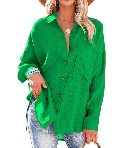 Women Cotton Shirt Color Block/Solid Color Oversized Button-Down Pocket Long Sleeve Top Loose Blouse A-green $16.23 Blouses