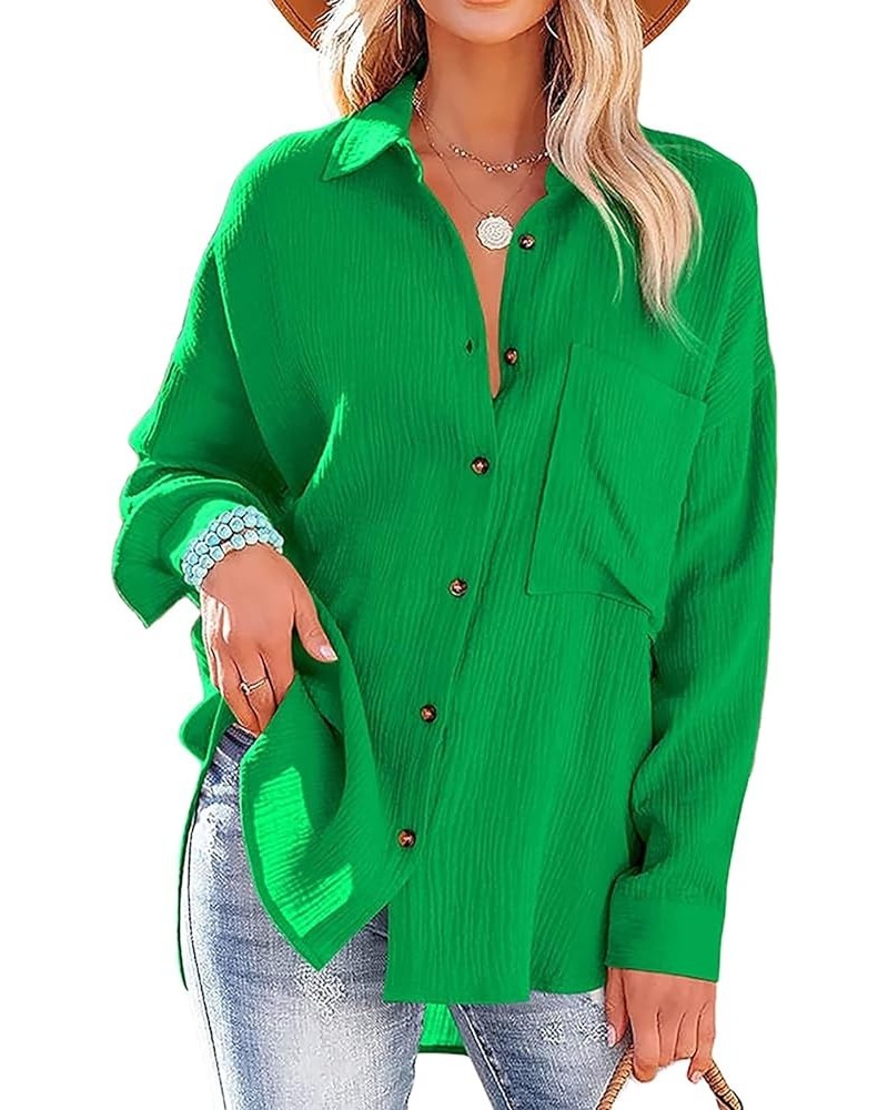 Women Cotton Shirt Color Block/Solid Color Oversized Button-Down Pocket Long Sleeve Top Loose Blouse A-green $16.23 Blouses