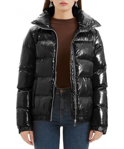 Women's Casual Quilted Shiny Padded Puffer Jacket Winter Warm Zip Short Bubble Coat Black $32.99 Jackets