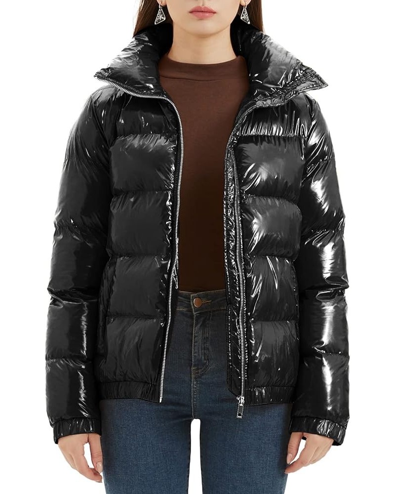 Women's Casual Quilted Shiny Padded Puffer Jacket Winter Warm Zip Short Bubble Coat Black $32.99 Jackets