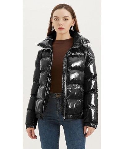 Women's Casual Quilted Shiny Padded Puffer Jacket Winter Warm Zip Short Bubble Coat Black $32.99 Jackets