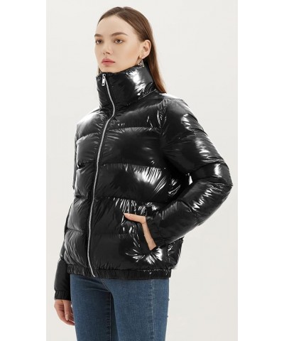 Women's Casual Quilted Shiny Padded Puffer Jacket Winter Warm Zip Short Bubble Coat Black $32.99 Jackets