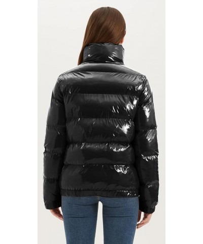 Women's Casual Quilted Shiny Padded Puffer Jacket Winter Warm Zip Short Bubble Coat Black $32.99 Jackets