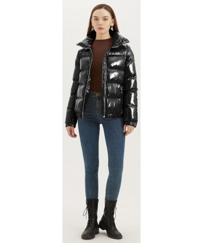 Women's Casual Quilted Shiny Padded Puffer Jacket Winter Warm Zip Short Bubble Coat Black $32.99 Jackets