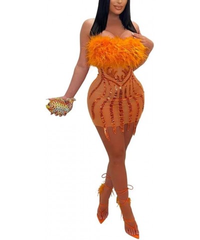 Women's Sexy Off Shoulder Feather Sequin Mini Dress Evening Club Party Dresses Orange $19.97 Dresses