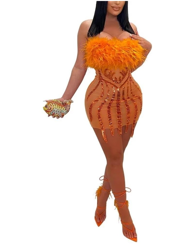 Women's Sexy Off Shoulder Feather Sequin Mini Dress Evening Club Party Dresses Orange $19.97 Dresses