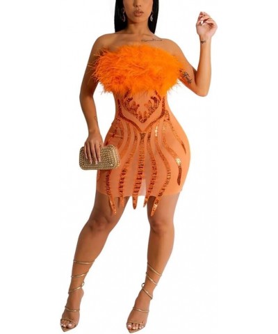 Women's Sexy Off Shoulder Feather Sequin Mini Dress Evening Club Party Dresses Orange $19.97 Dresses