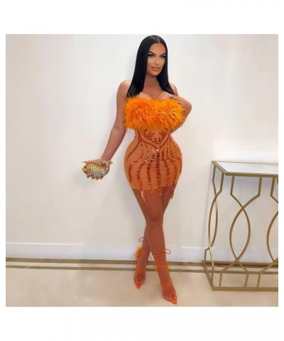 Women's Sexy Off Shoulder Feather Sequin Mini Dress Evening Club Party Dresses Orange $19.97 Dresses