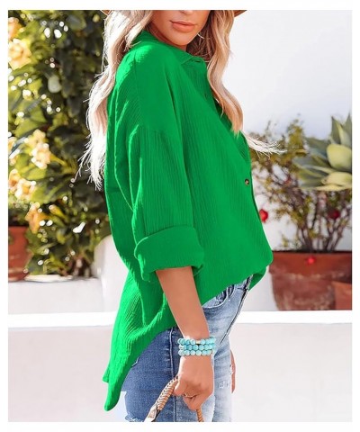 Women Cotton Shirt Color Block/Solid Color Oversized Button-Down Pocket Long Sleeve Top Loose Blouse A-green $16.23 Blouses