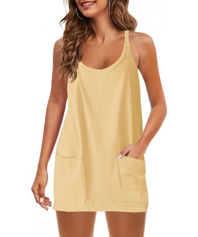 Womens Summer Sleeveless Mini Dress V Neck Spaghetti Strap Sundress Athletic Short Dress with Pockets Light Yellow $11.50 Dre...