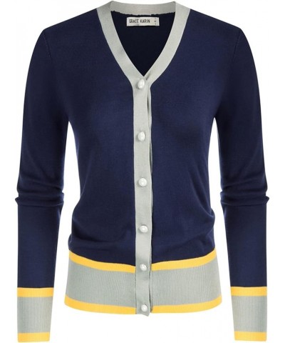 Women's Long Sleeve Button Down Sweater Classic V-Neck Knit Cardigan Contrast Dark Blue $15.51 Sweaters