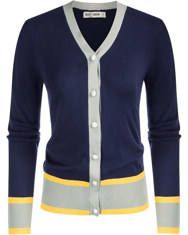 Women's Long Sleeve Button Down Sweater Classic V-Neck Knit Cardigan Contrast Dark Blue $15.51 Sweaters