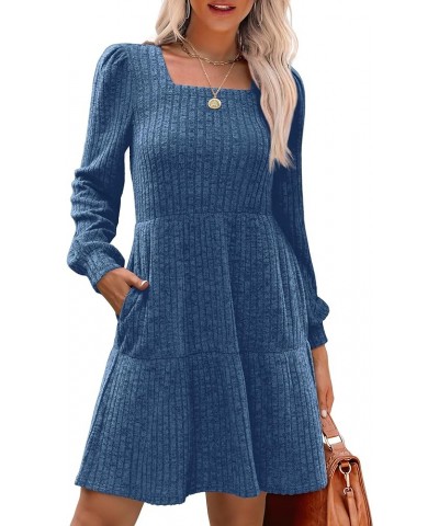 Womens Square Neck Long Sleeve Fall Dresses Casual Babydoll Sweater Dress 02-blue $16.45 Dresses