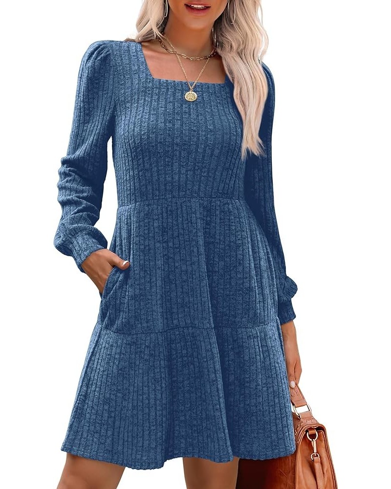 Womens Square Neck Long Sleeve Fall Dresses Casual Babydoll Sweater Dress 02-blue $16.45 Dresses