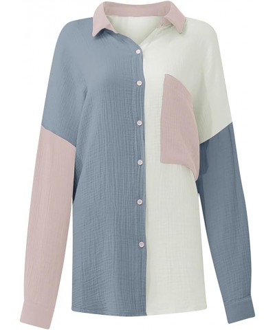 Women Cotton Shirt Color Block/Solid Color Oversized Button-Down Pocket Long Sleeve Top Loose Blouse A-green $16.23 Blouses