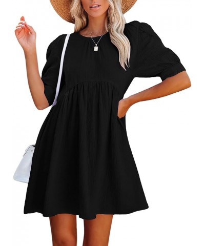 Women's Crewneck High Waist Puff Short Sleeve Button Back Babydoll A-line Mini Dress with Pocket Black $23.84 Others