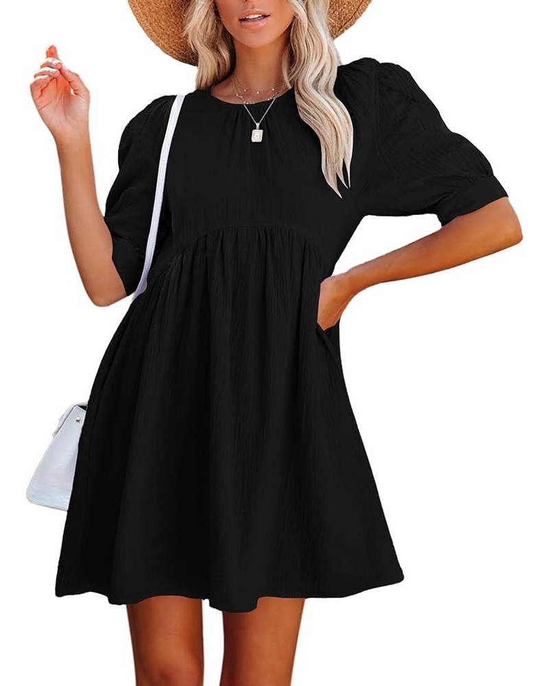 Women's Crewneck High Waist Puff Short Sleeve Button Back Babydoll A-line Mini Dress with Pocket Black $23.84 Others