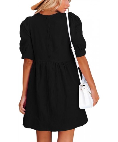 Women's Crewneck High Waist Puff Short Sleeve Button Back Babydoll A-line Mini Dress with Pocket Black $23.84 Others