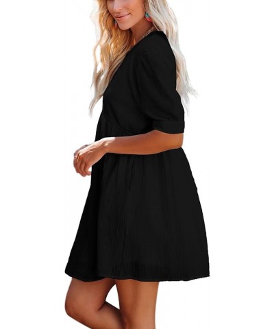 Women's Crewneck High Waist Puff Short Sleeve Button Back Babydoll A-line Mini Dress with Pocket Black $23.84 Others