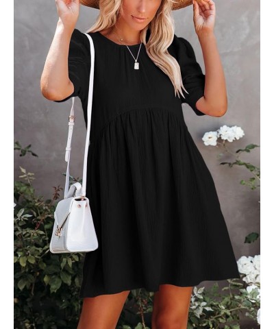 Women's Crewneck High Waist Puff Short Sleeve Button Back Babydoll A-line Mini Dress with Pocket Black $23.84 Others