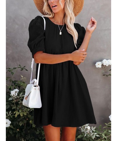 Women's Crewneck High Waist Puff Short Sleeve Button Back Babydoll A-line Mini Dress with Pocket Black $23.84 Others