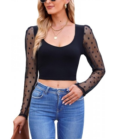 Women Summer Mesh Puff Long Sleeve Slim Fit Cropped Top Blouse Polka Dot Black $12.69 Tops