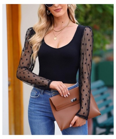 Women Summer Mesh Puff Long Sleeve Slim Fit Cropped Top Blouse Polka Dot Black $12.69 Tops