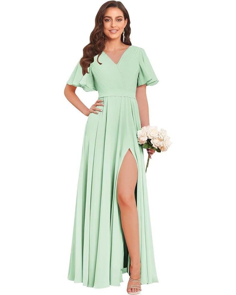 Long Chiffon Bridesmaid Dresses for Women A Line V Neck Pleated Formal Evening Dresses Mint Green $30.79 Dresses