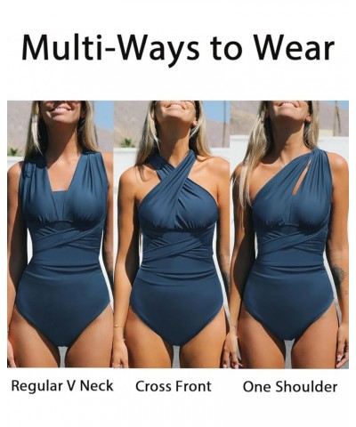 Women's One Piece Swimsuit Wrap Self Tie Ruched Multiple Ways Wearing Swimwear Navy $20.00 Swimsuits