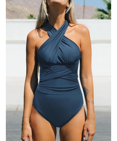 Women's One Piece Swimsuit Wrap Self Tie Ruched Multiple Ways Wearing Swimwear Navy $20.00 Swimsuits