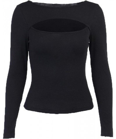 Women's Long Sleeve Crop Top Slim Fit Cutout Ribbed Shirt Black Cutout $9.63 T-Shirts