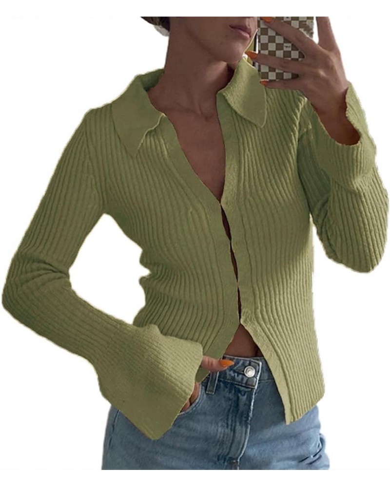 Sexy Lapel V Neck Ribbed Sweater for Women Bell Long Sleeve Slim Fitted Button Down Knit Cardigan Tops A-slim Fitted Green $1...