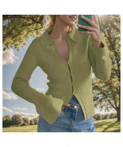 Sexy Lapel V Neck Ribbed Sweater for Women Bell Long Sleeve Slim Fitted Button Down Knit Cardigan Tops A-slim Fitted Green $1...