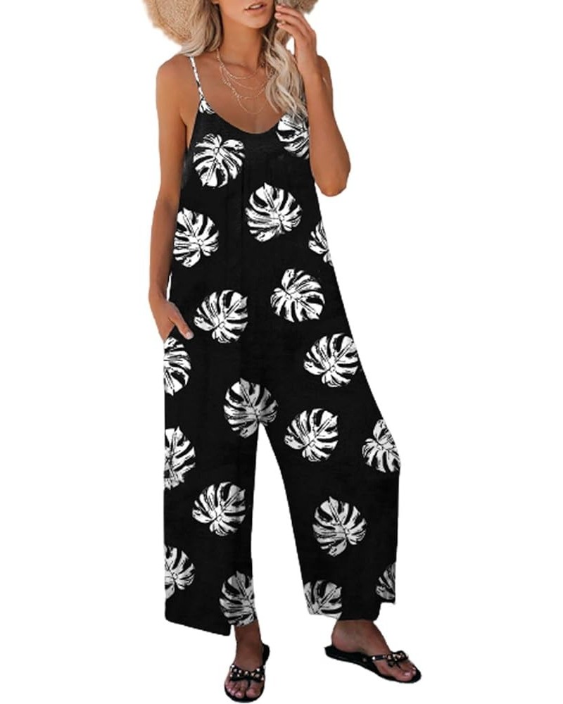 Women's Loose Sleeveless Jumpsuits Adjustable Spaghetti Strap Stretchy Long Pant Romper Jumpsuit with Pockets A Pattern Black...