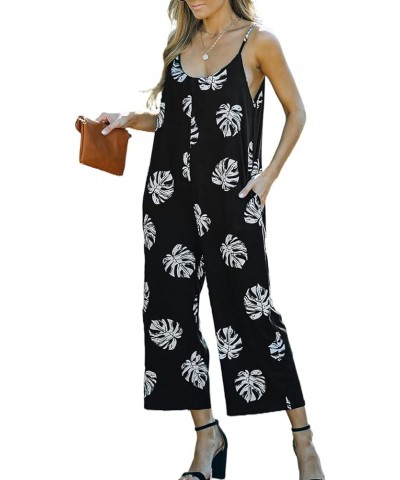 Women's Loose Sleeveless Jumpsuits Adjustable Spaghetti Strap Stretchy Long Pant Romper Jumpsuit with Pockets A Pattern Black...