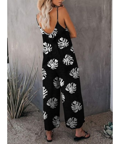 Women's Loose Sleeveless Jumpsuits Adjustable Spaghetti Strap Stretchy Long Pant Romper Jumpsuit with Pockets A Pattern Black...