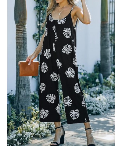 Women's Loose Sleeveless Jumpsuits Adjustable Spaghetti Strap Stretchy Long Pant Romper Jumpsuit with Pockets A Pattern Black...