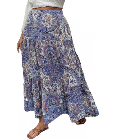 Women's Plus Size Boho Floral Paisley High Waisted Flowy A Line Maxi Long Skirt Purple Blue $17.67 Skirts