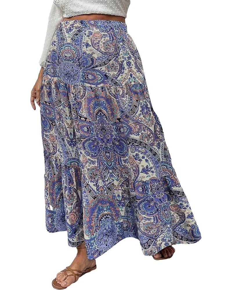 Women's Plus Size Boho Floral Paisley High Waisted Flowy A Line Maxi Long Skirt Purple Blue $17.67 Skirts